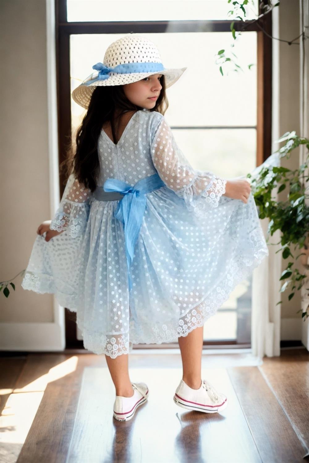 N8712 Dewberry Princess Model Girls Dress with Hat & Lace-MAVİ