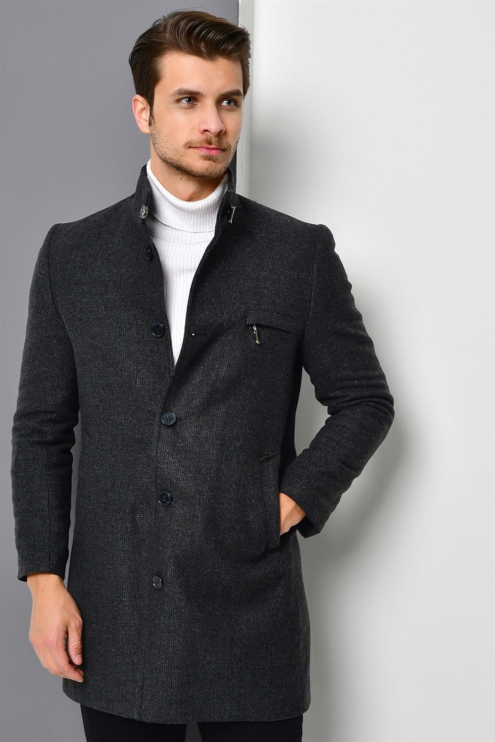 PLT8367 DEWBERRY ERKEK PALTO-DESENLİ ANTRASİT