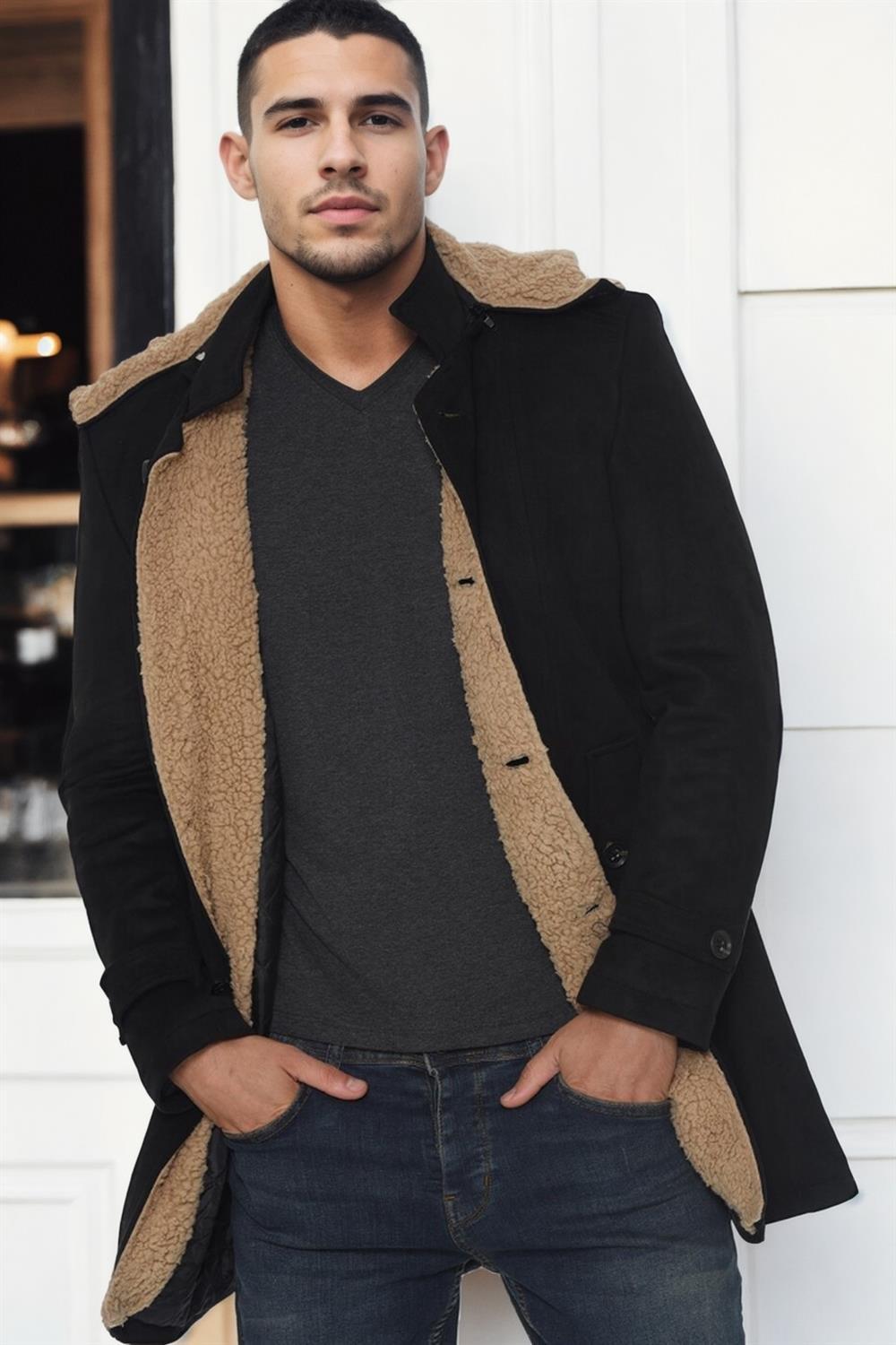 PLT9399 DEWBERRY SÜET GÖRÜNÜMLÜ ERKEK PALTO-SİYAH