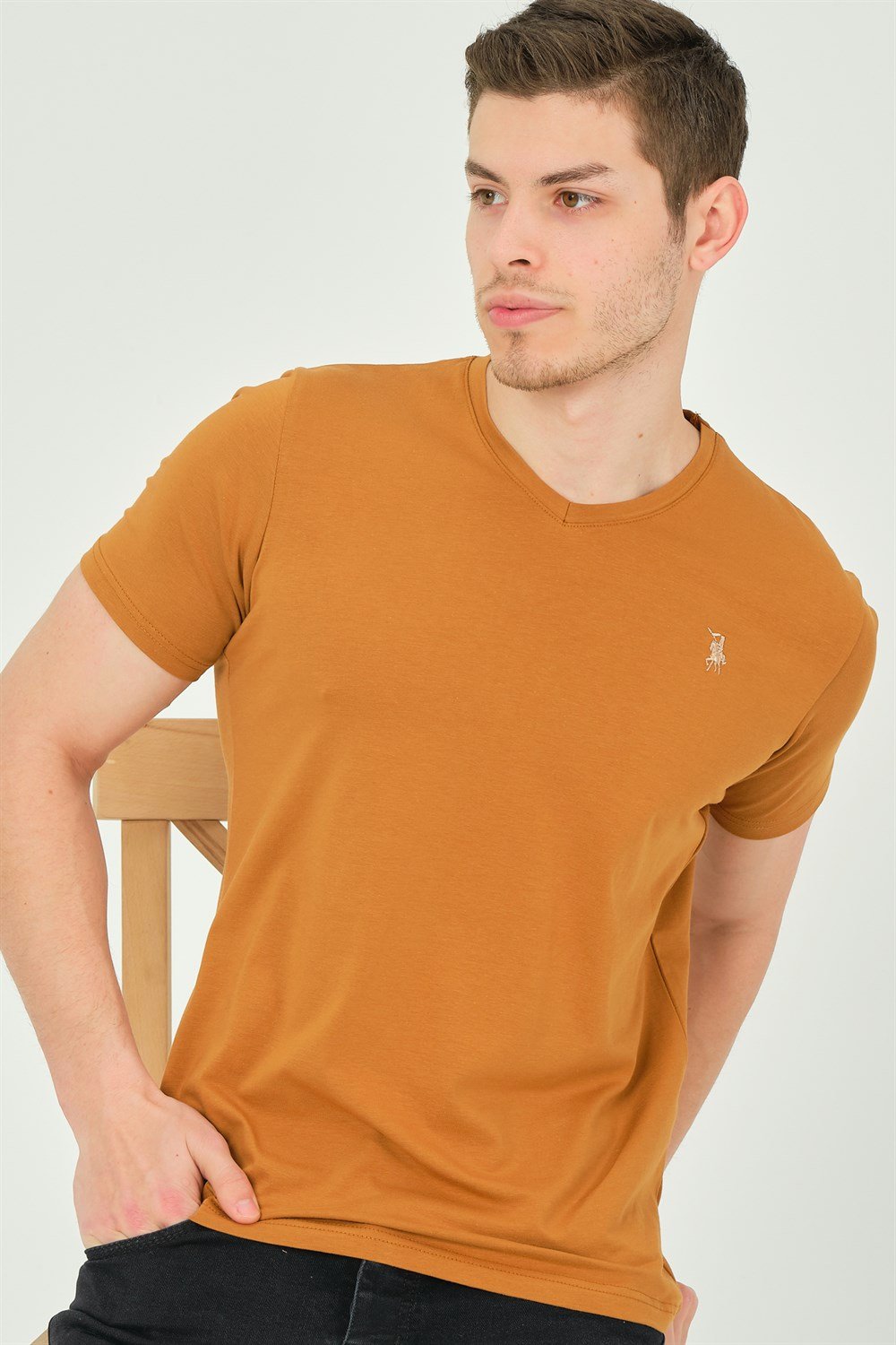 T8568 DEWBERRY V YAKA ERKEK T-SHIRT-CAMEL