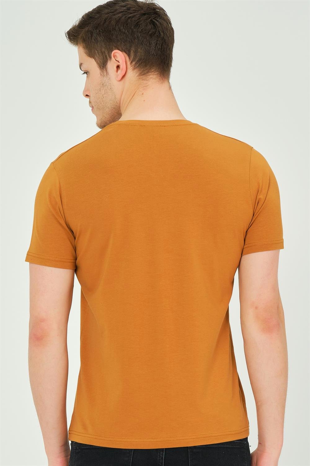 T8568 DEWBERRY V YAKA ERKEK T-SHIRT-DÜZ CAMEL