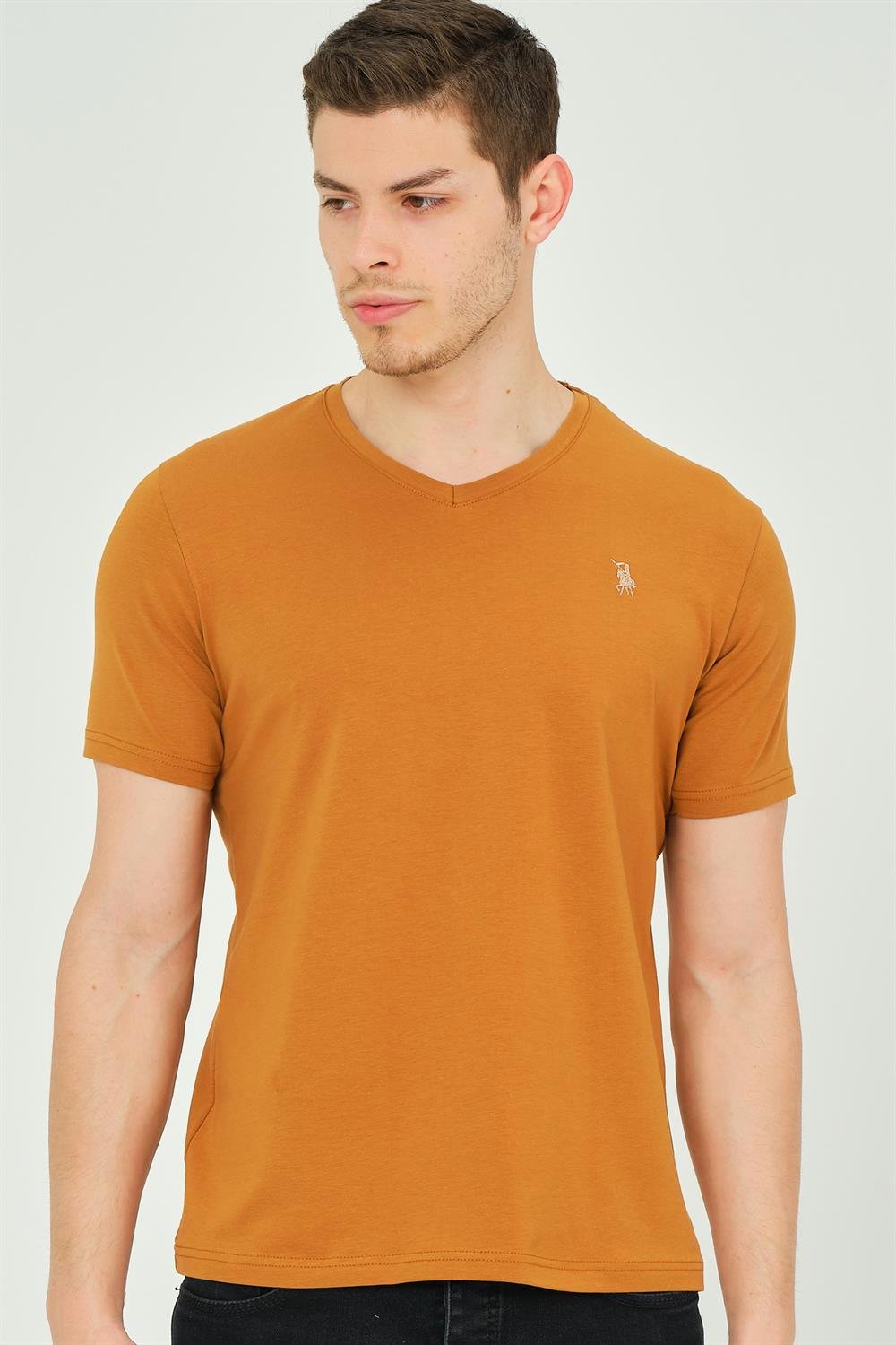 T8568 DEWBERRY V YAKA ERKEK T-SHIRT-DÜZ CAMEL