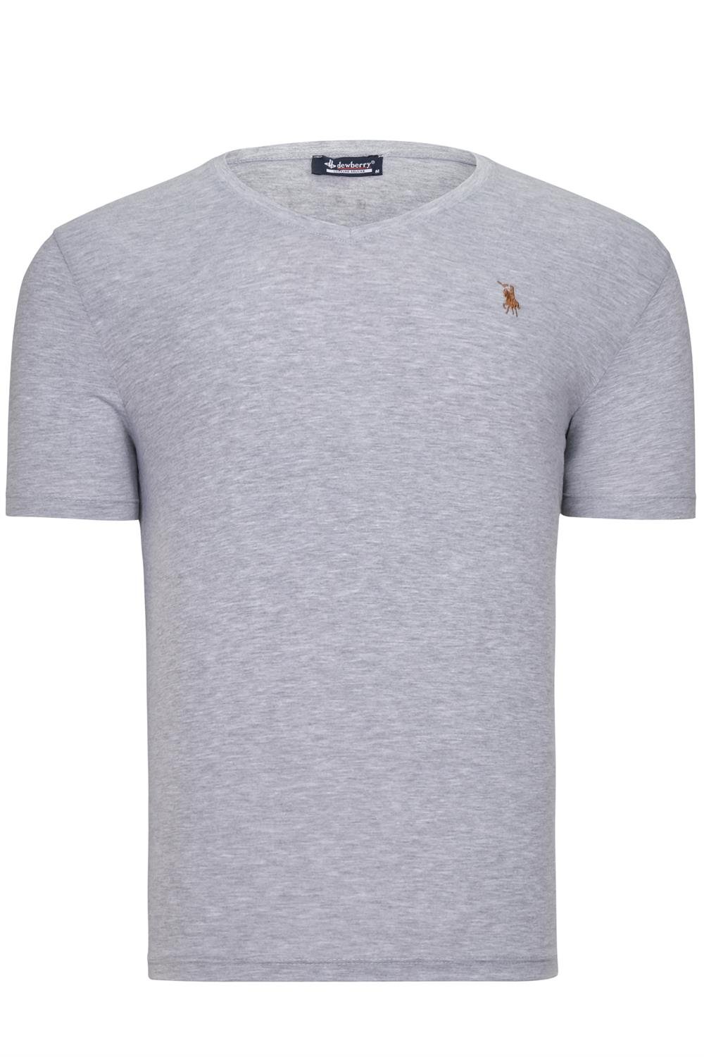 T8568 DEWBERRY V YAKA ERKEK T-SHIRT-DÜZ GRİ