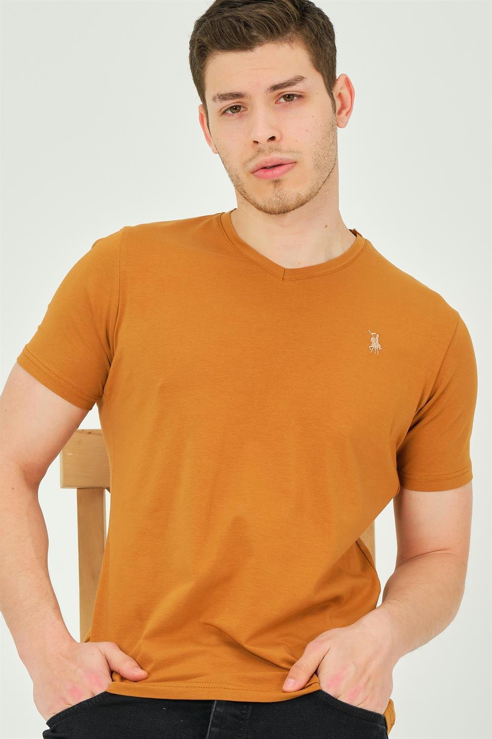T8568 DEWBERRY V YAKA ERKEK T-SHIRT-DÜZ CAMEL