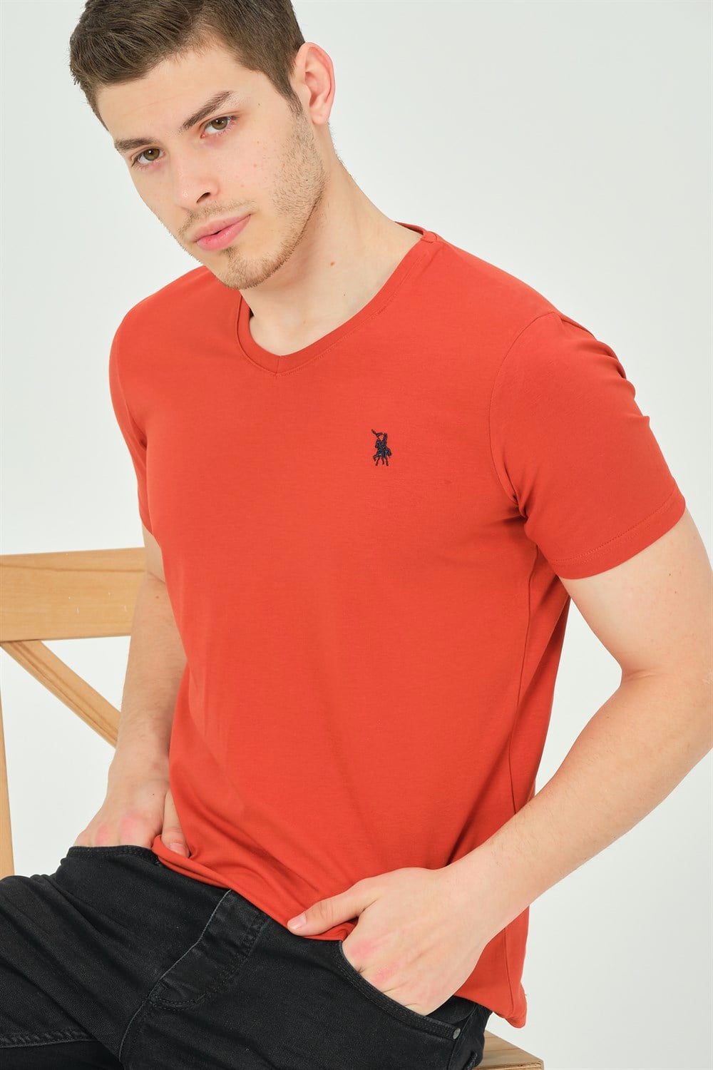 T8568 DEWBERRY V YAKA ERKEK T-SHIRT-KİREMİT