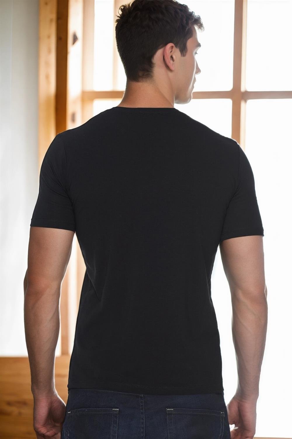 T8568 DEWBERRY V YAKA ERKEK T-SHIRT-SİYAH-1