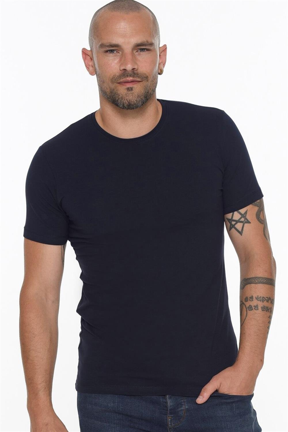 T8569 DEWBERRY BİSİKLET YAKA ERKEK T-SHIRT-AÇIK LACİVERT