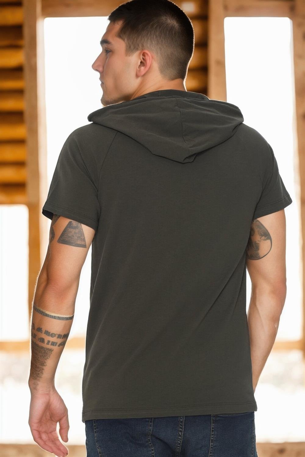 T8570 DEWBERRY KAPŞONLU ERKEK T-SHIRT-KOYU HAKİ