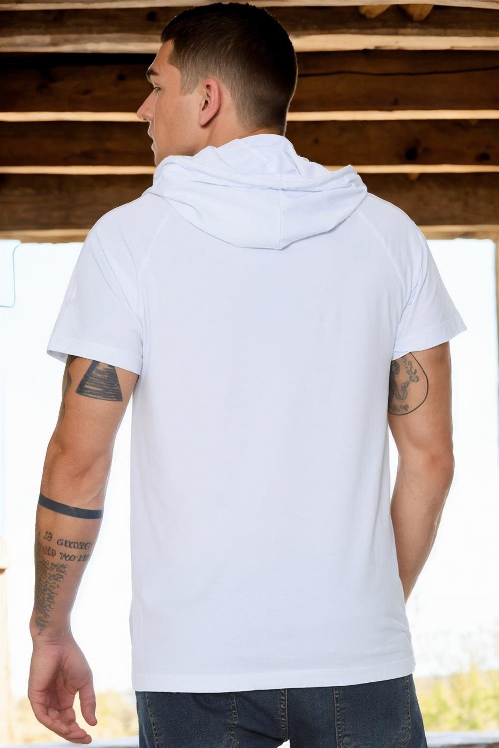 T8570 DEWBERRY KAPŞONLU ERKEK T-SHIRT-AÇIK BEYAZ