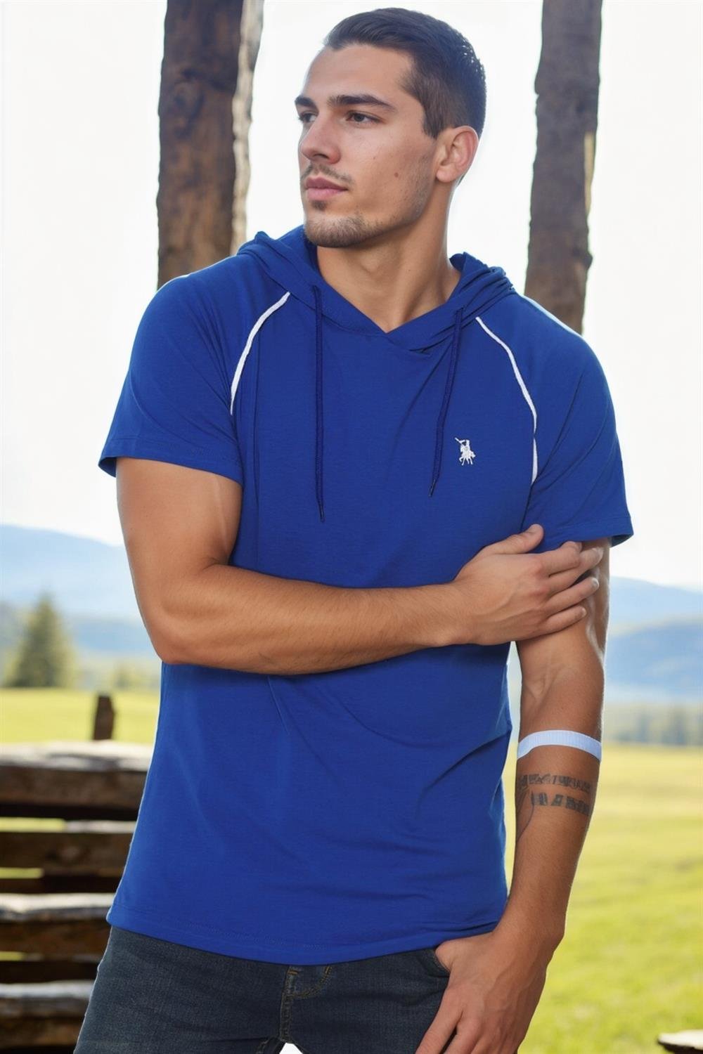 T8570 DEWBERRY KAPŞONLU ERKEK T-SHIRT-AÇIK SAX