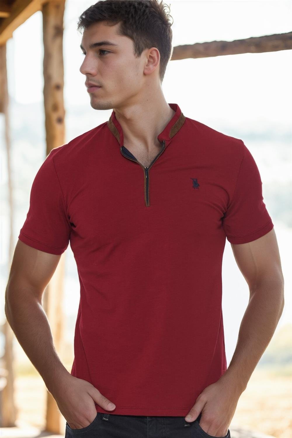 T8571 DEWBERRY FERMUARLI ERKEK T-SHIRT-BORDO-1