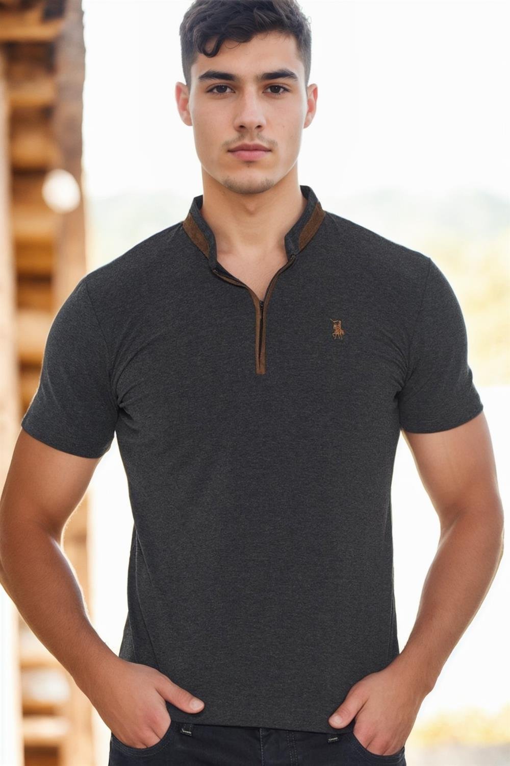 T8571 DEWBERRY FERMUARLI ERKEK T-SHIRT-AÇIK ANTRASİT