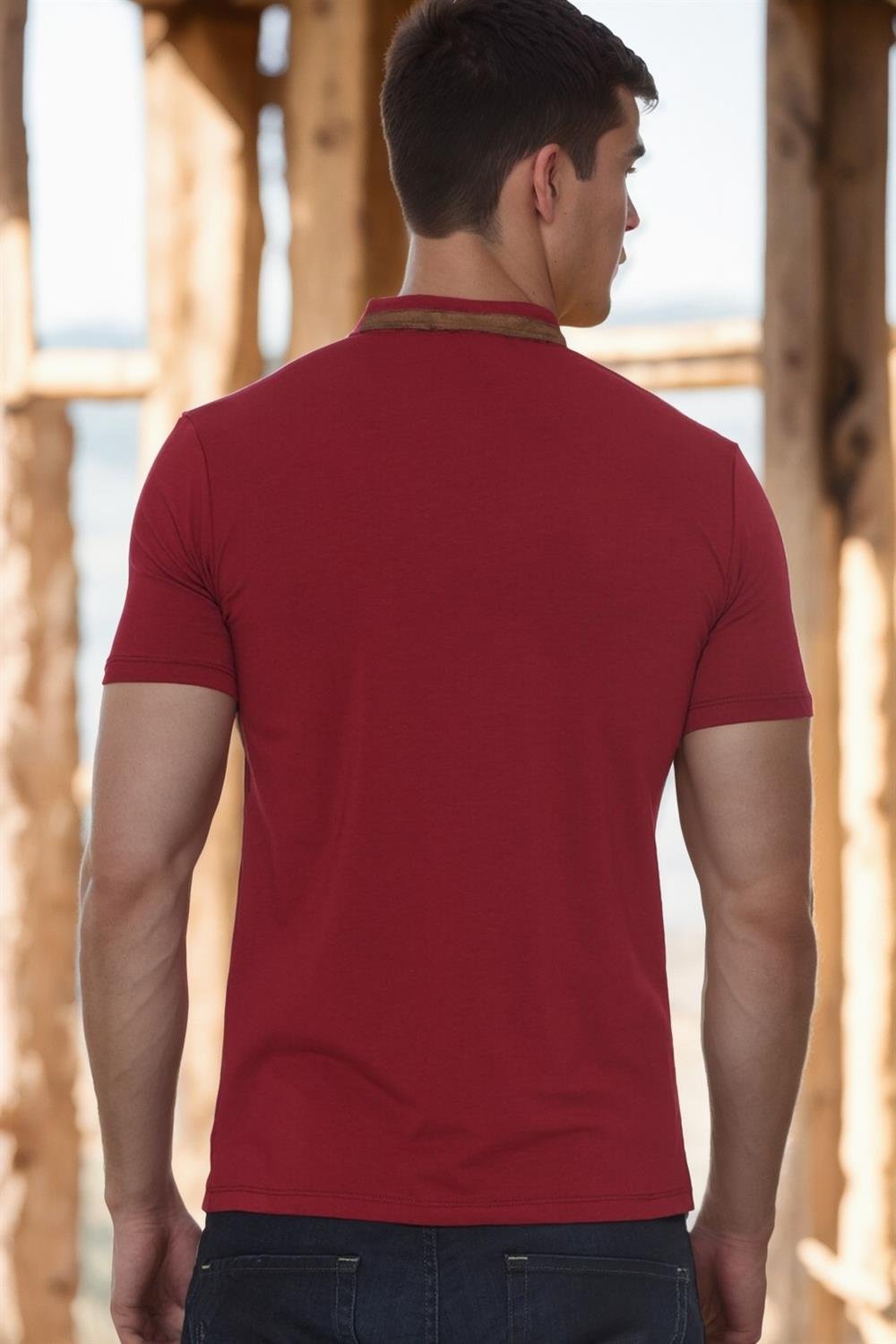 T8571 DEWBERRY FERMUARLI ERKEK T-SHIRT-BORDO-1