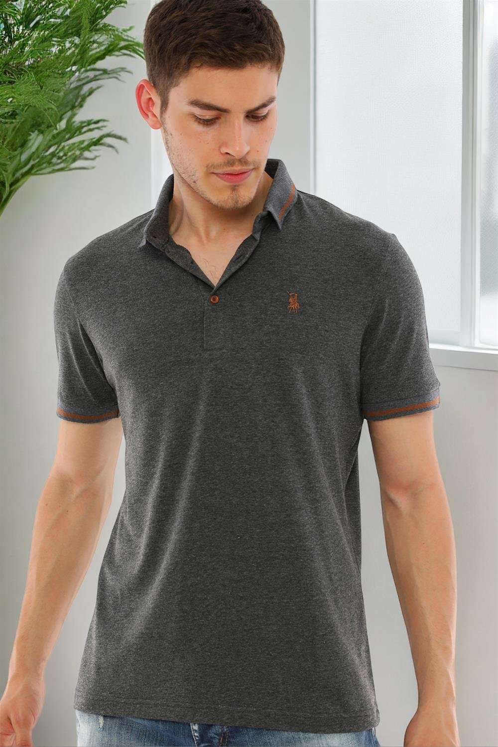 T8586 DEWBERRY ERKEK POLO YAKA T-SHIRT-DÜZ ANTRASİT
