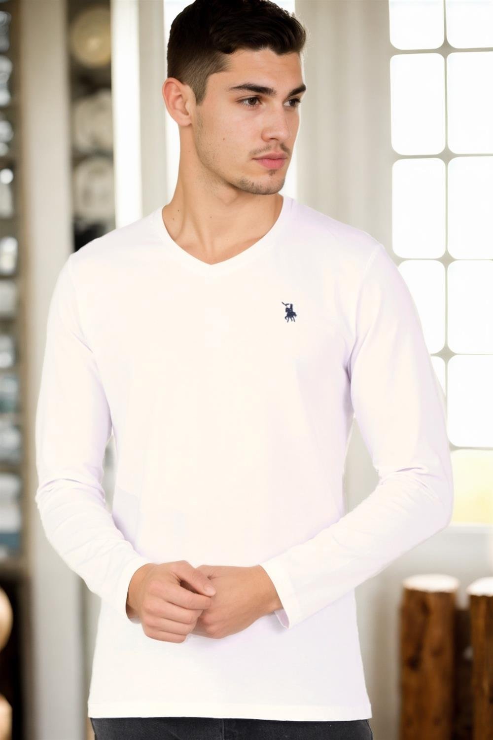 T8587 DEWBERRY V YAKA ERKEK UZUN KOL T-SHIRT-BEYAZ 1