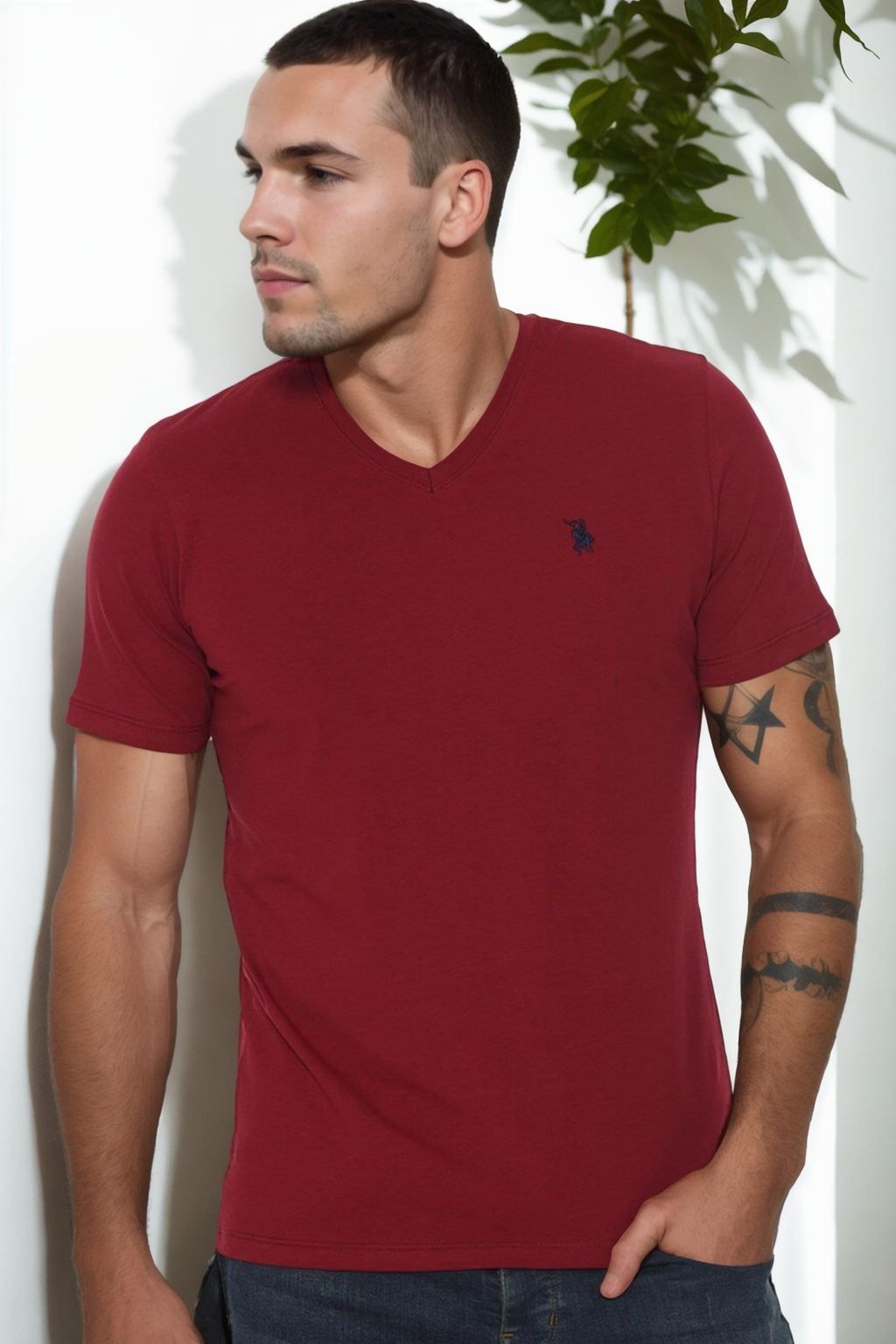 T9568 DEWBERRY V YAKA ERKEK T-SHIRT-BORDO