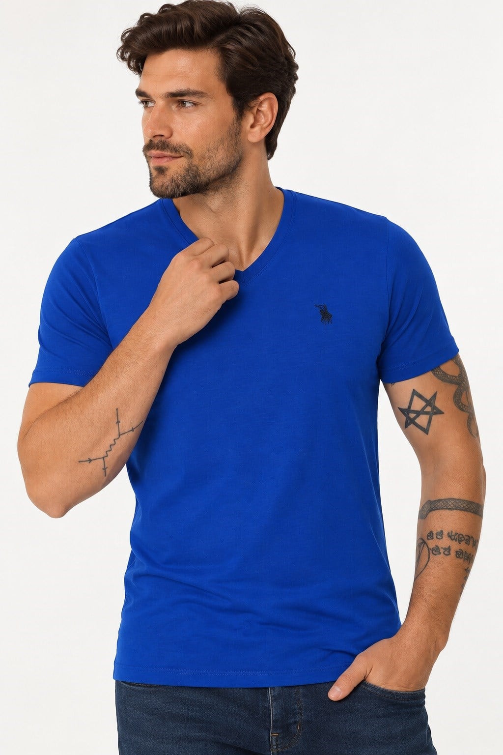 T9568 DEWBERRY V YAKA ERKEK T-SHIRT-SAKS MAVİSİ