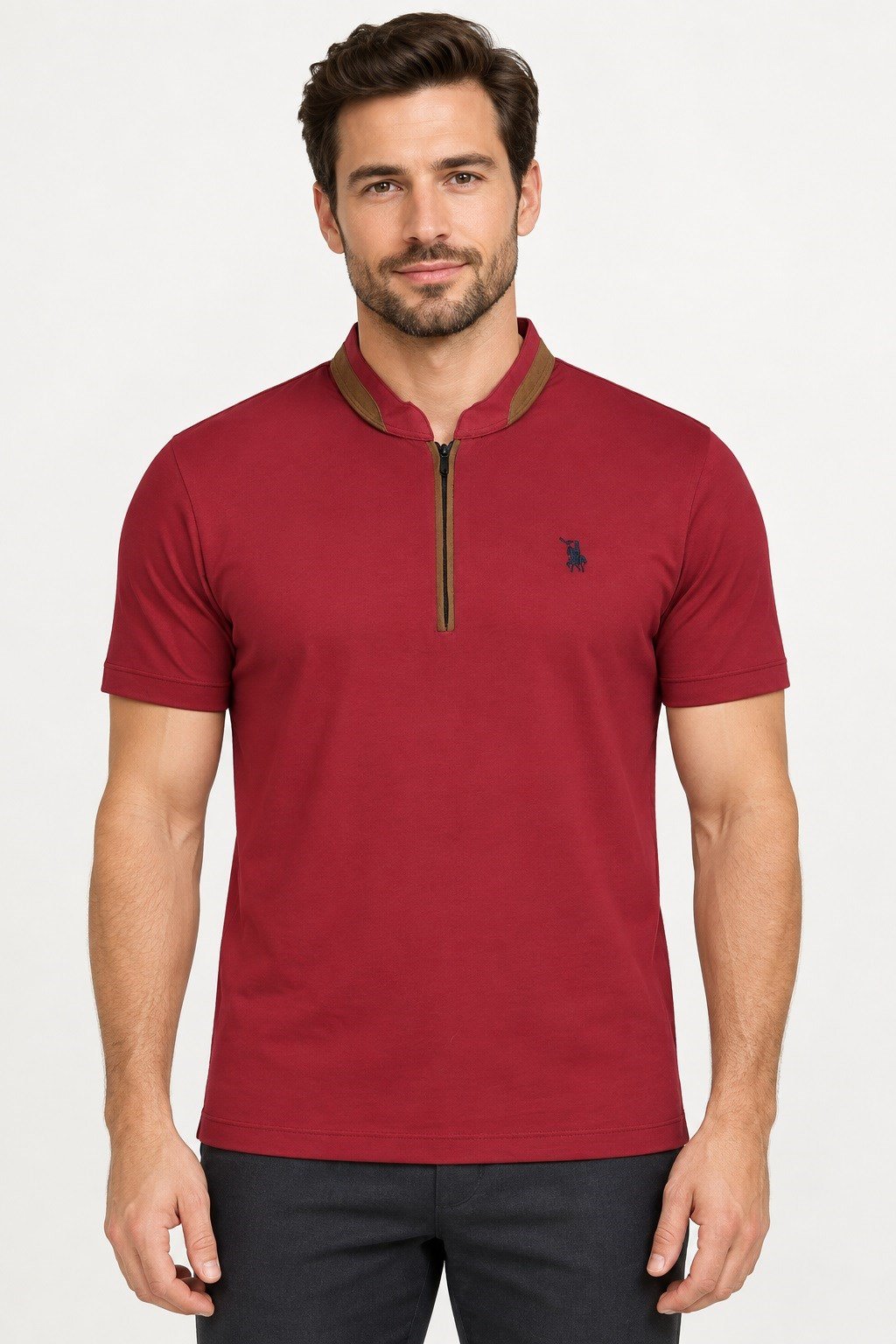 T9571 DEWBERRY FERMUARLI ERKEK T-SHIRT-BORDO-1