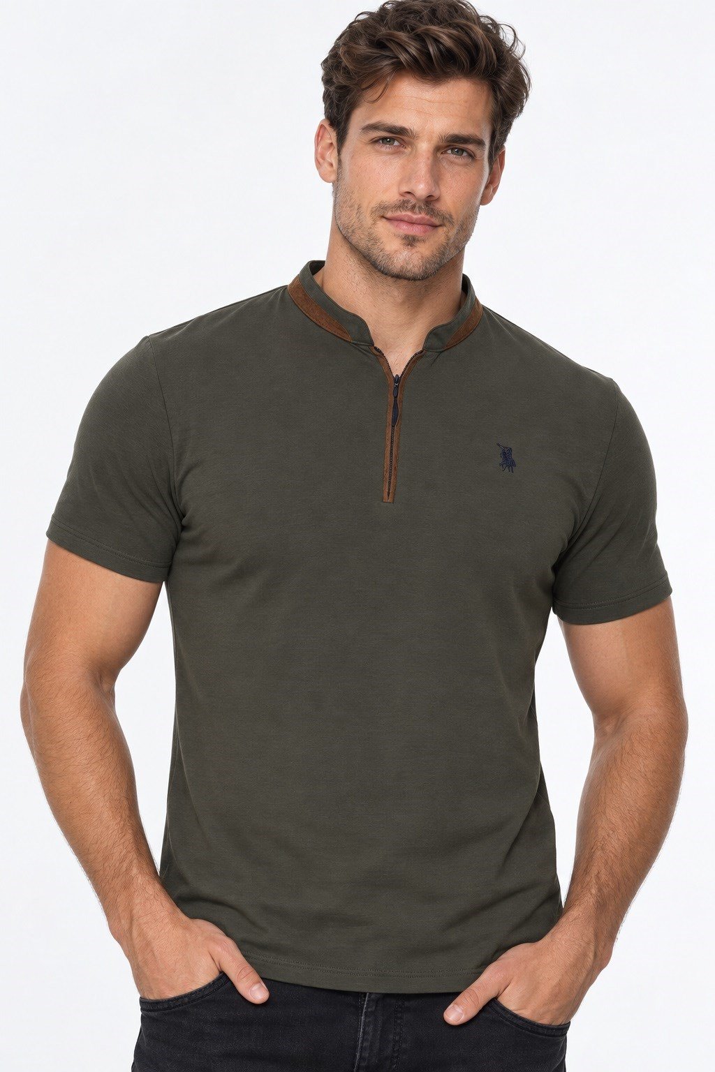 T9571 DEWBERRY FERMUARLI ERKEK T-SHIRT-HAKİ-1