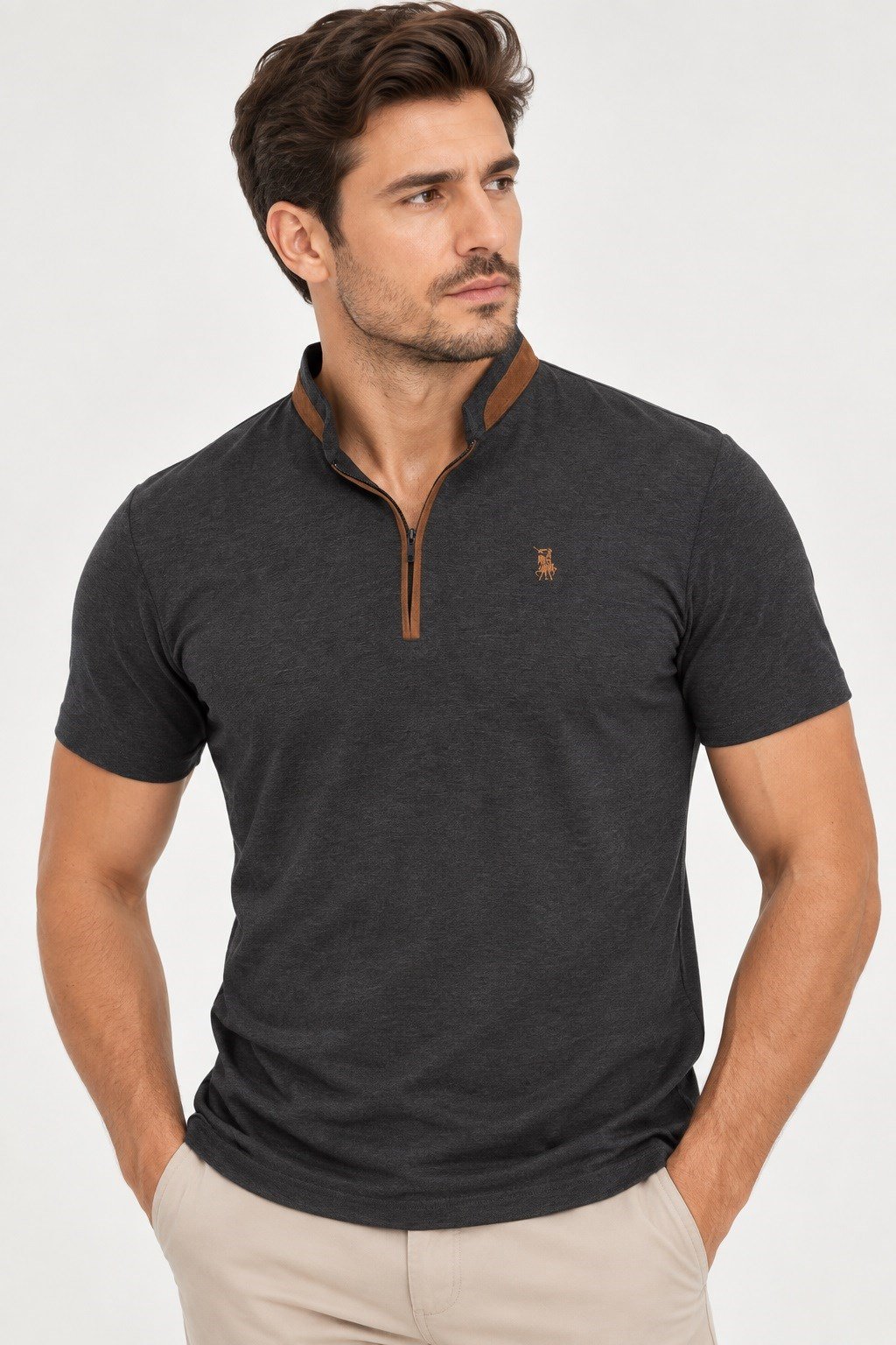 T9571 DEWBERRY FERMUARLI ERKEK T-SHIRT-ANTRASİT-1