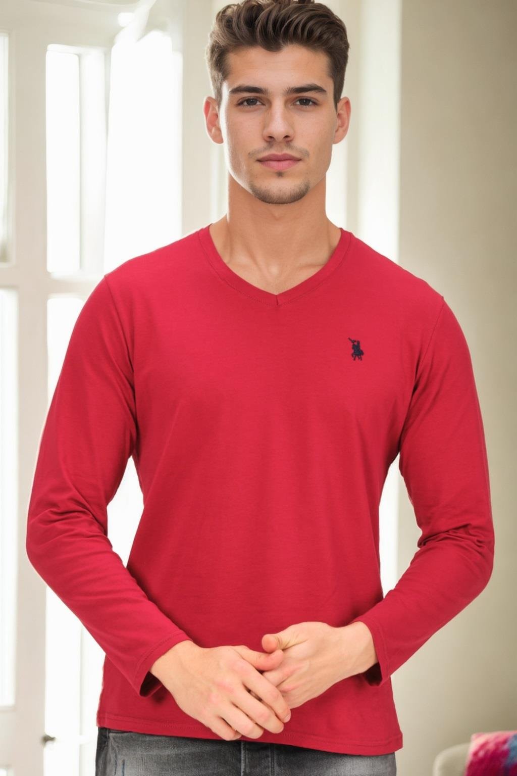 T9587 DEWBERRY V YAKA ERKEK UZUN KOL T-SHIRT-BORDO