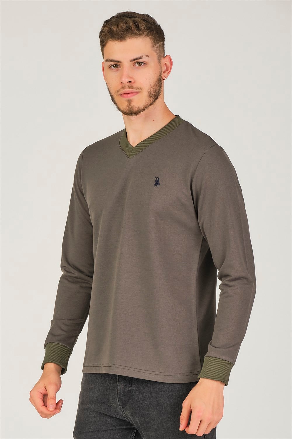 V4002 DEWBERRY V YAKA ERKEK SWEATSHIRT-HAKİ