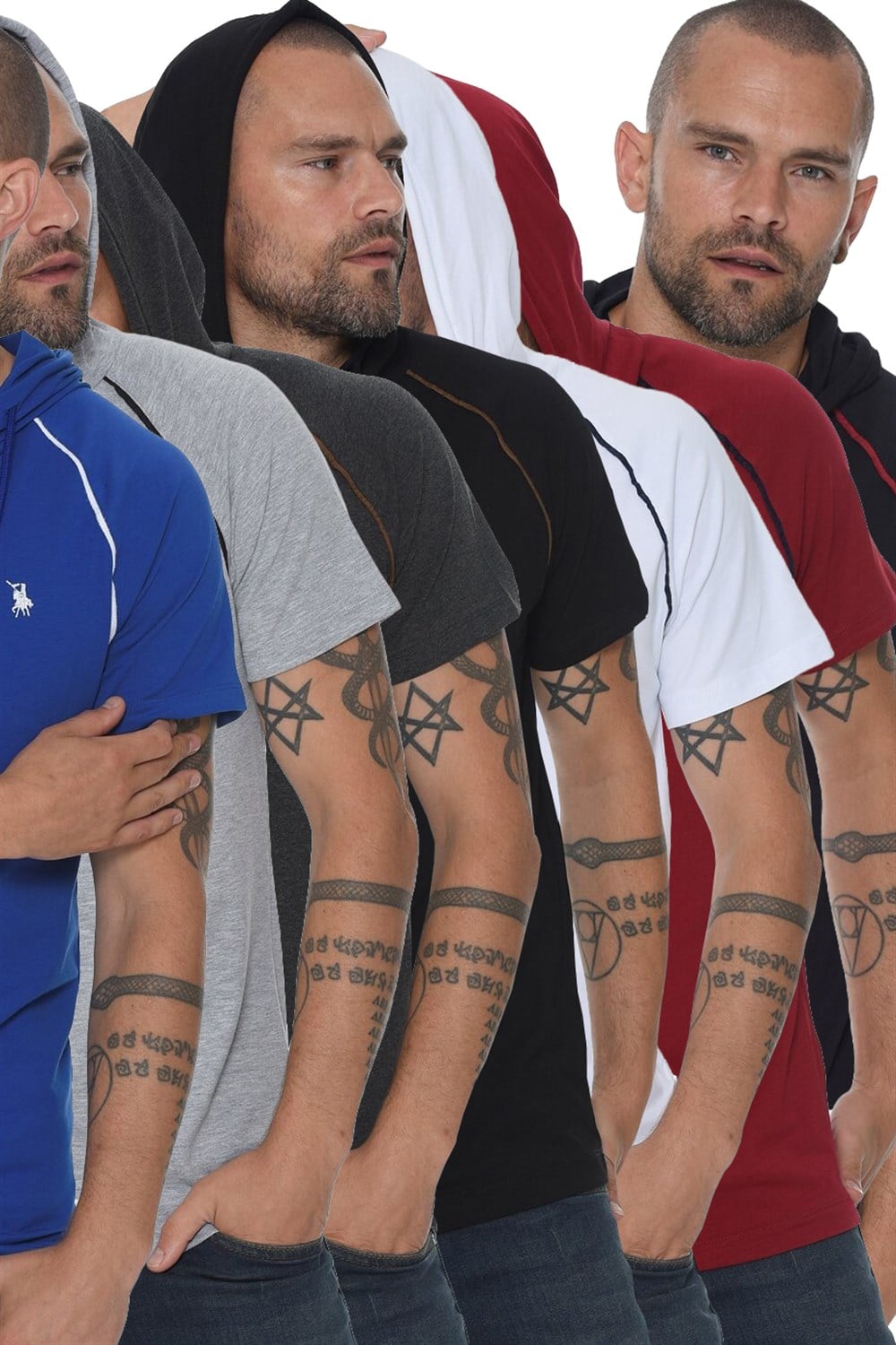 YEDİLİ SET T8570 DEWBERRY KAPŞONLU ERKEK T-SHIRT-SİYAH-LACİVERT-BEYAZ-GRİ-SAKS-ANTRASİT-BORDO