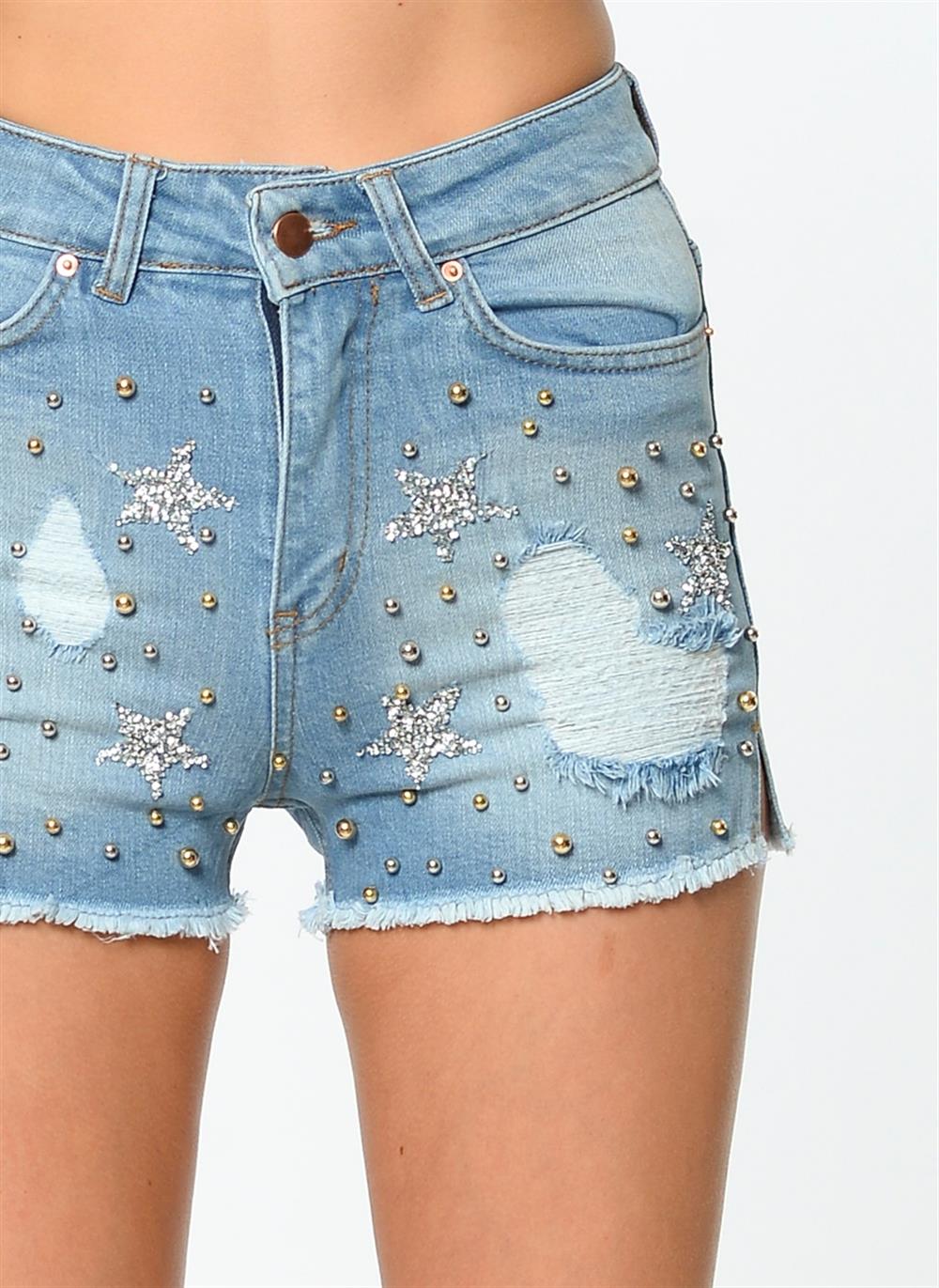 Z6333 DEWBERRY BAYAN JEAN ŞORT-DÜZ MAVİ