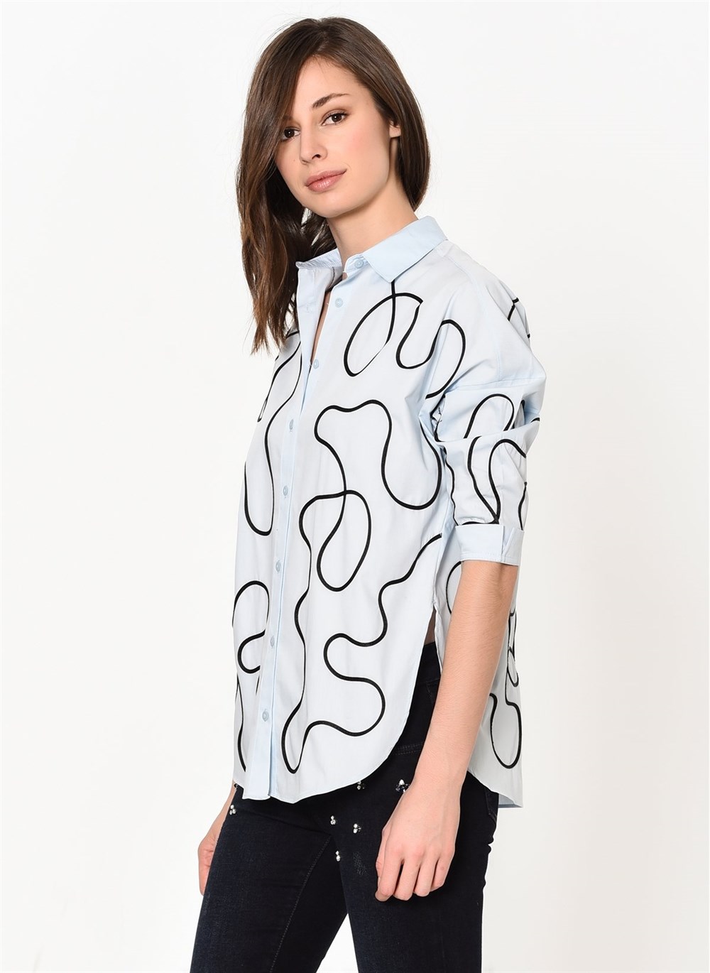 Z6435  DEWBERRY BAYAN GÖMLEK-MAVİ