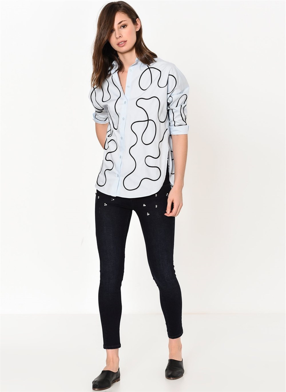 Z6435  DEWBERRY BAYAN GÖMLEK-MAVİ