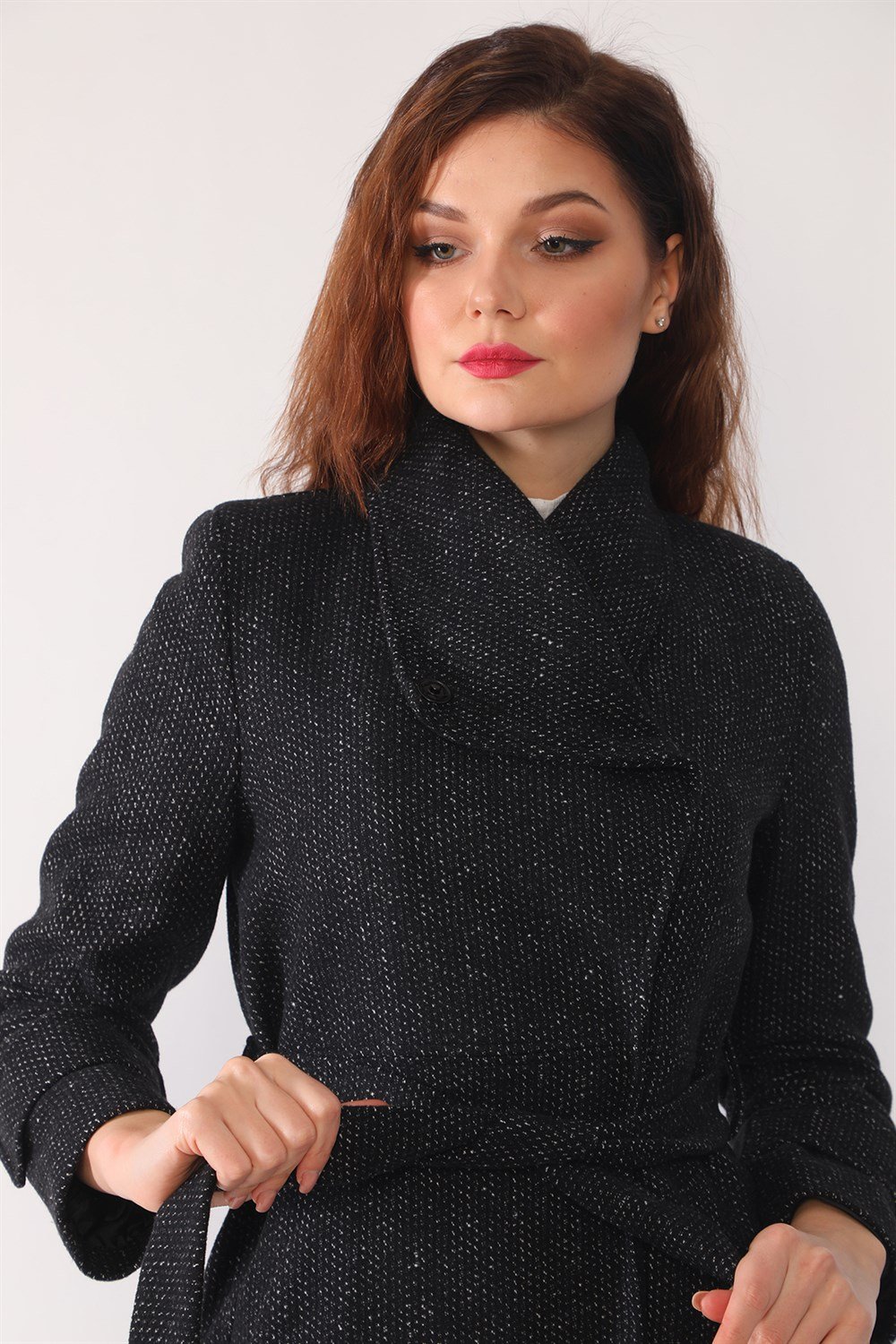 Z6645 DEWBERRY BAYAN PALTO-DESENLİ SİYAH