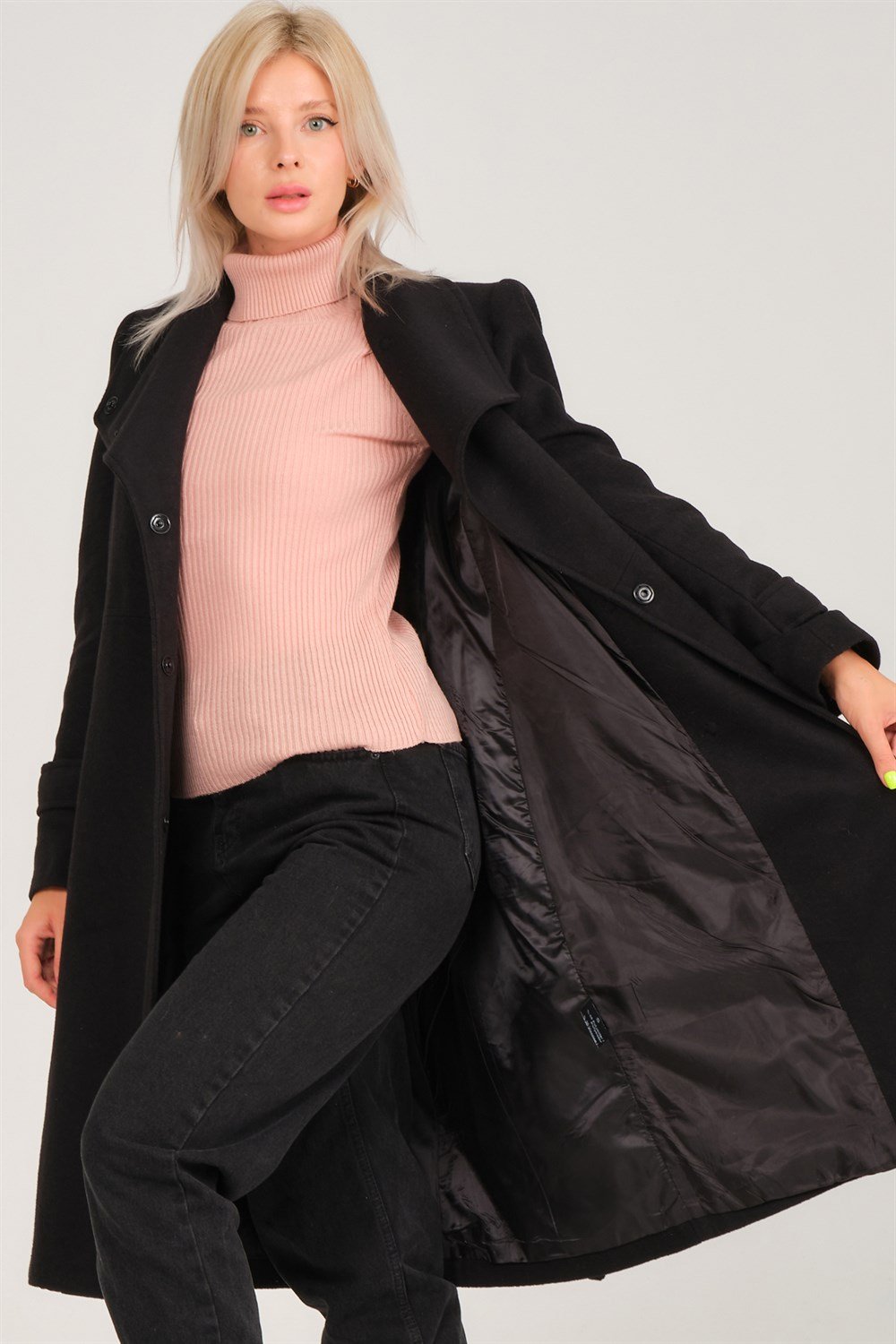 Z6645 DEWBERRY BAYAN PALTO-SİYAH