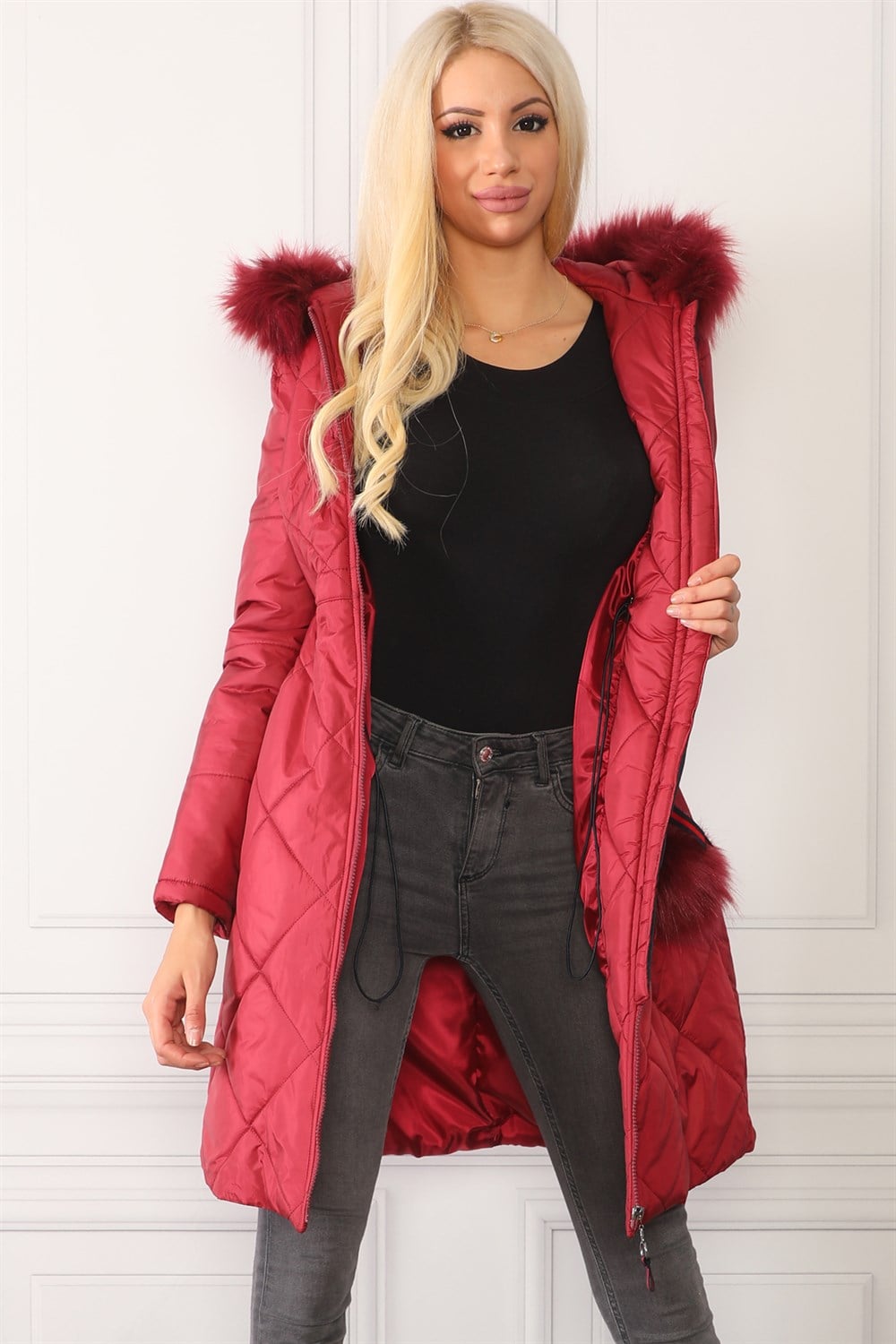 Z6646 DEWBERRYN KÜRKLÜ PONPONLU BAYAN KABAN-BORDO