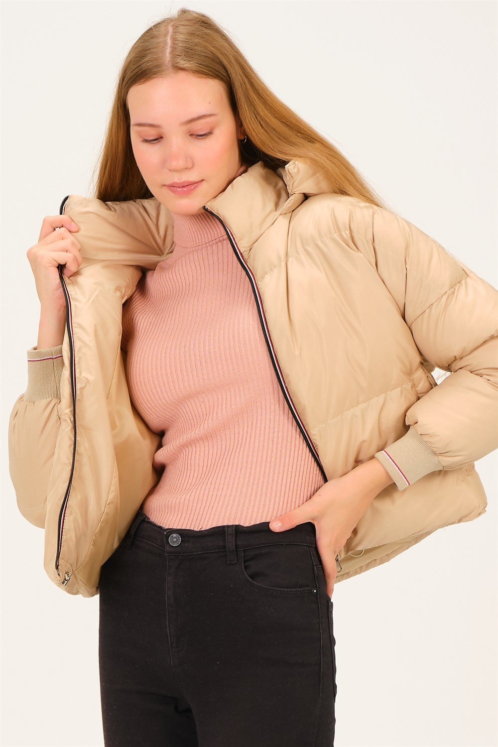 Z6650 DEWBERRY BAYAN ŞİŞME MONT-AÇIK BEJ