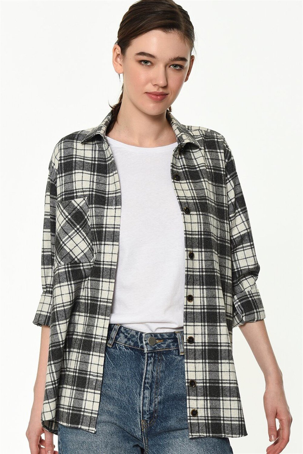 Z6662 DEWBERRY BAYAN GÖMLEK-BEYAZ-SİYAH