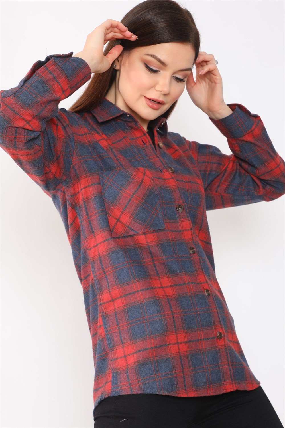 Z6662 DEWBERRY BAYAN GÖMLEK-KIRMIZI