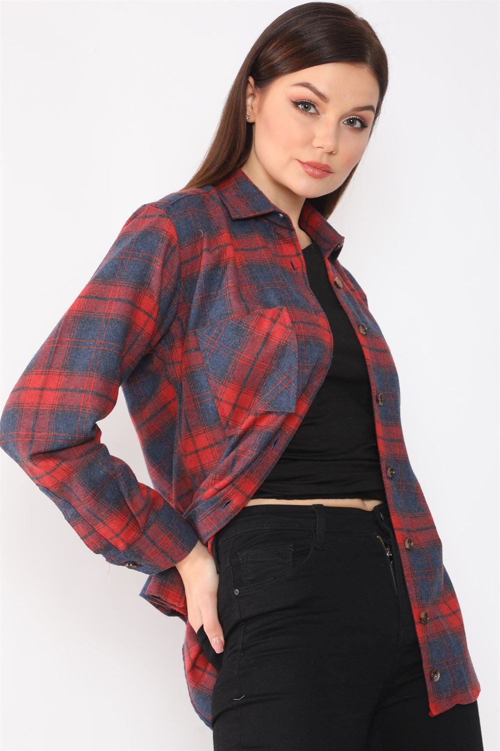 Z6662 DEWBERRY BAYAN GÖMLEK-KIRMIZI