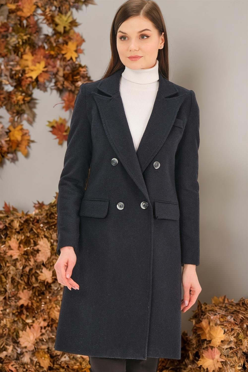 Z6672 DEWBERRY BAYAN PALTO-DÜZ LACİVERT