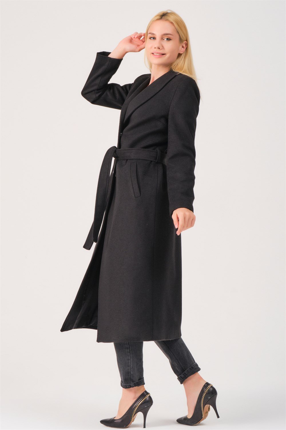 Z6681 DEWBERRY BAYAN PALTO-SİYAH