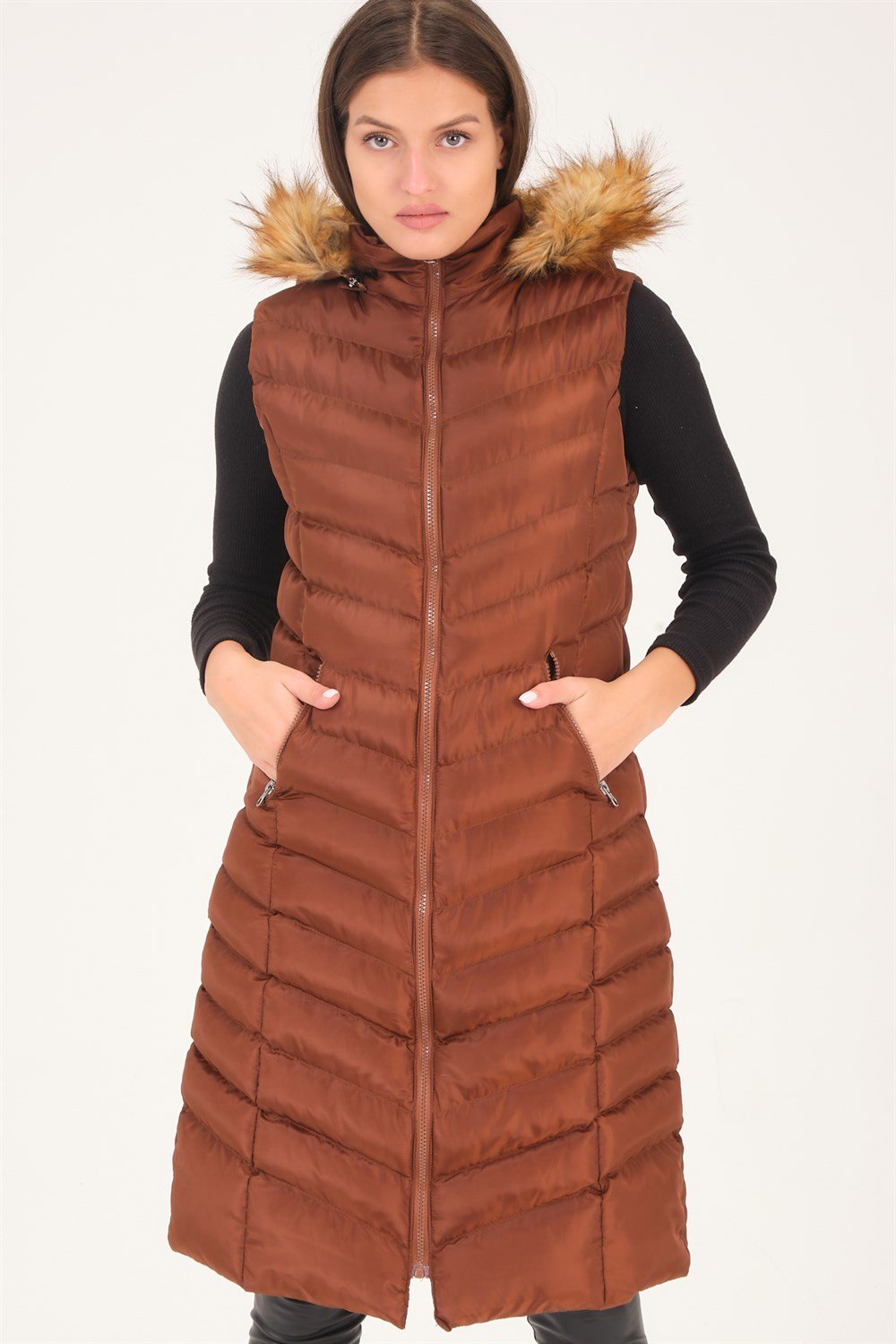 Z6684 DEWBERRY BAYAN YELEK-AÇIK KAHVE