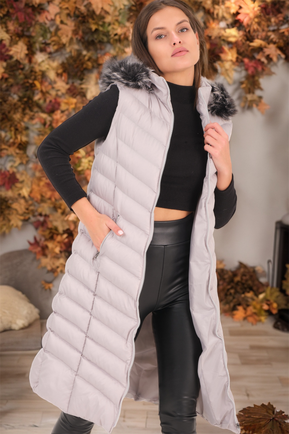 Z6684 DEWBERRY BAYAN YELEK-DÜZ AÇIK GRİ