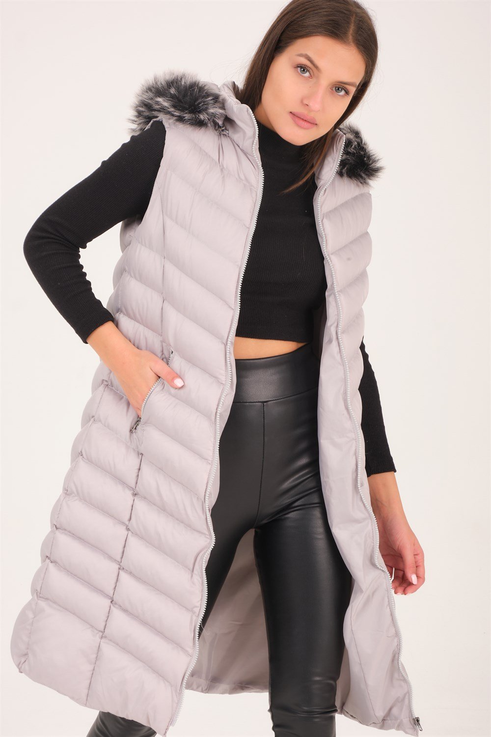 Z6684 DEWBERRY BAYAN YELEK-DÜZ GRİ