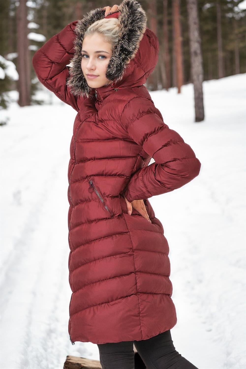 Z6690 DEWBERRY KÜRKLÜ KAPŞONLU BAYAN KABAN-AÇIK BORDO