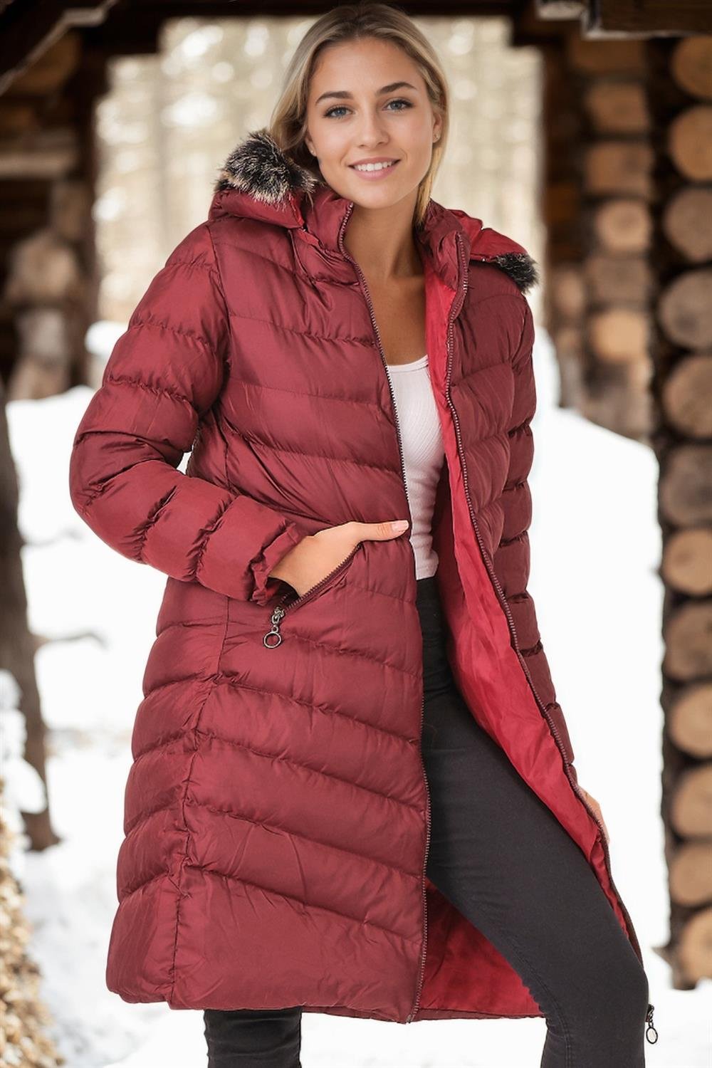Z6690 DEWBERRY KÜRKLÜ KAPŞONLU BAYAN KABAN-AÇIK BORDO
