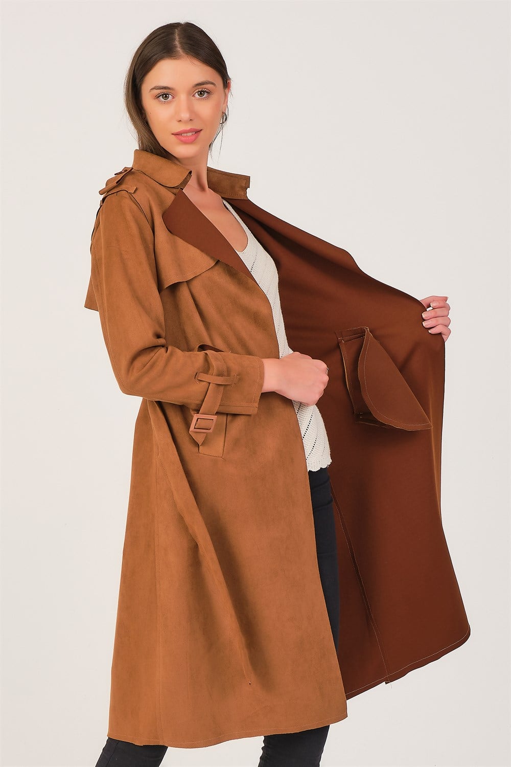 Z6702 DEWBERRY BAYAN SÜET TRENÇKOT-TABA
