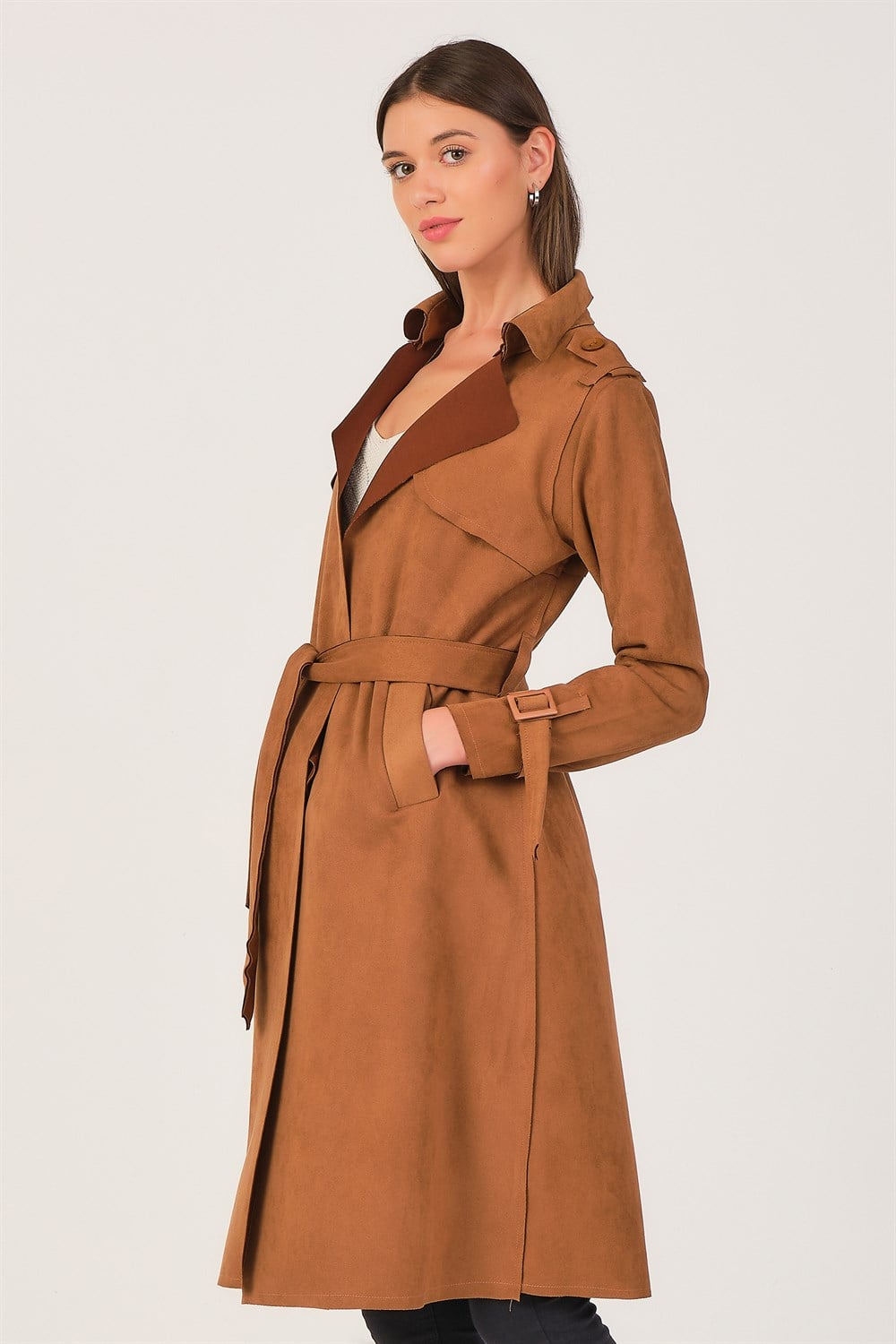 Z6702 DEWBERRY BAYAN SÜET TRENÇKOT-TABA