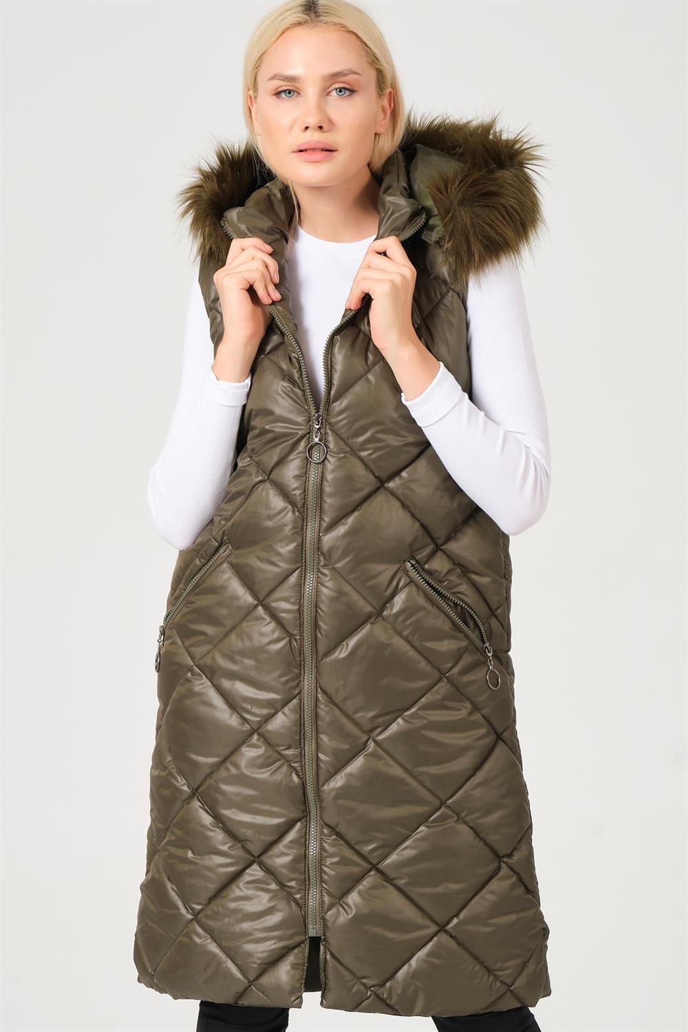 Z6717 DEWBERRY BAYAN YELEK-DÜZ HAKİ