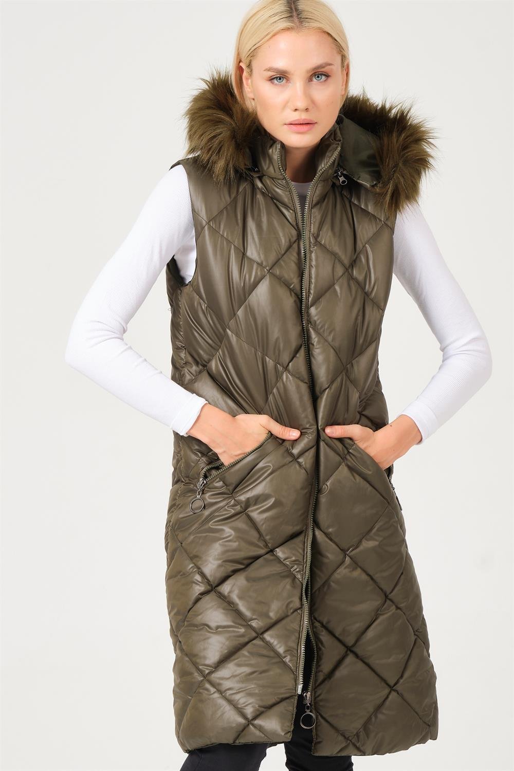 Z6717 DEWBERRY BAYAN YELEK-DÜZ HAKİ