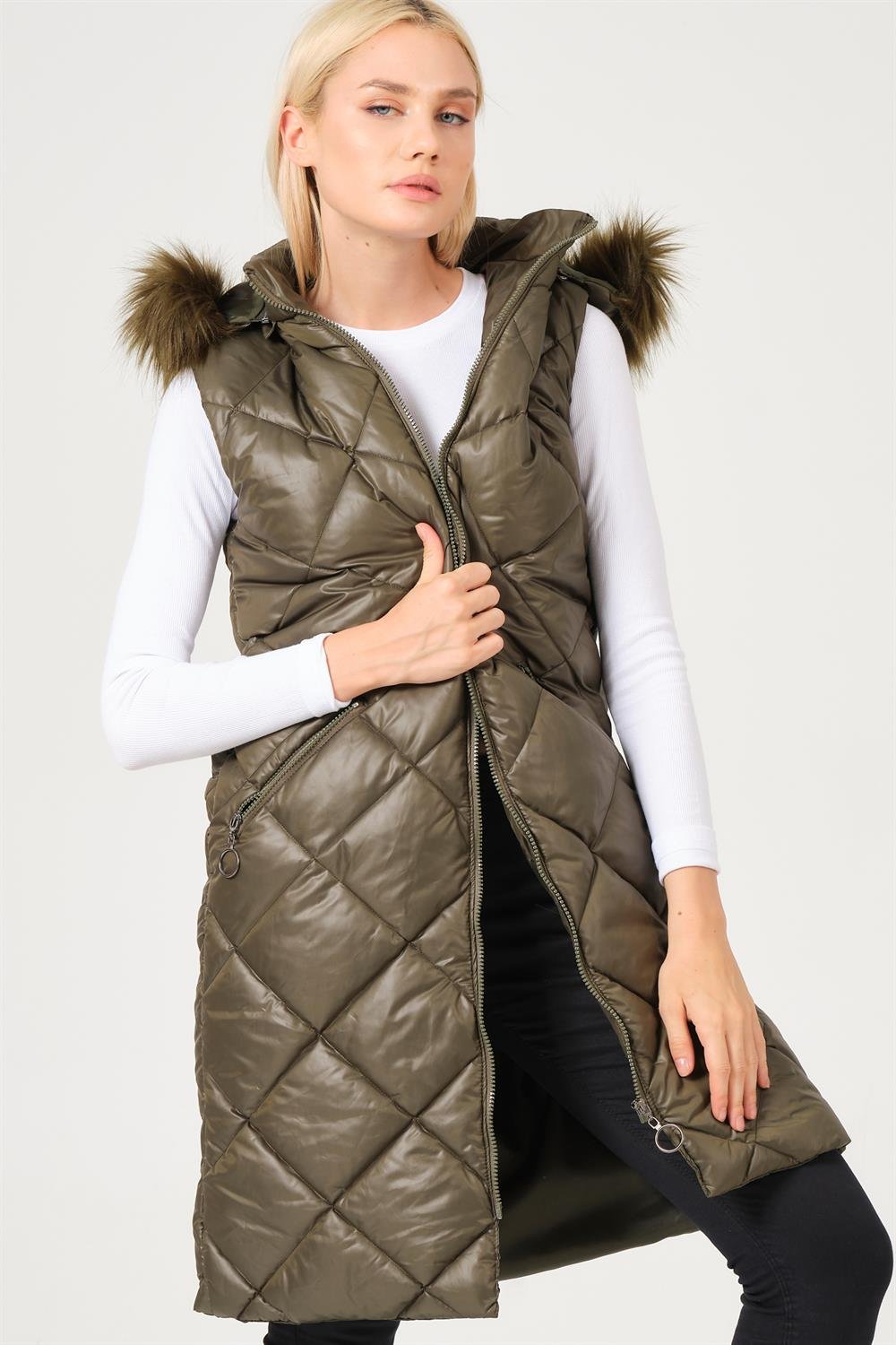 Z6717 DEWBERRY BAYAN YELEK-DÜZ HAKİ