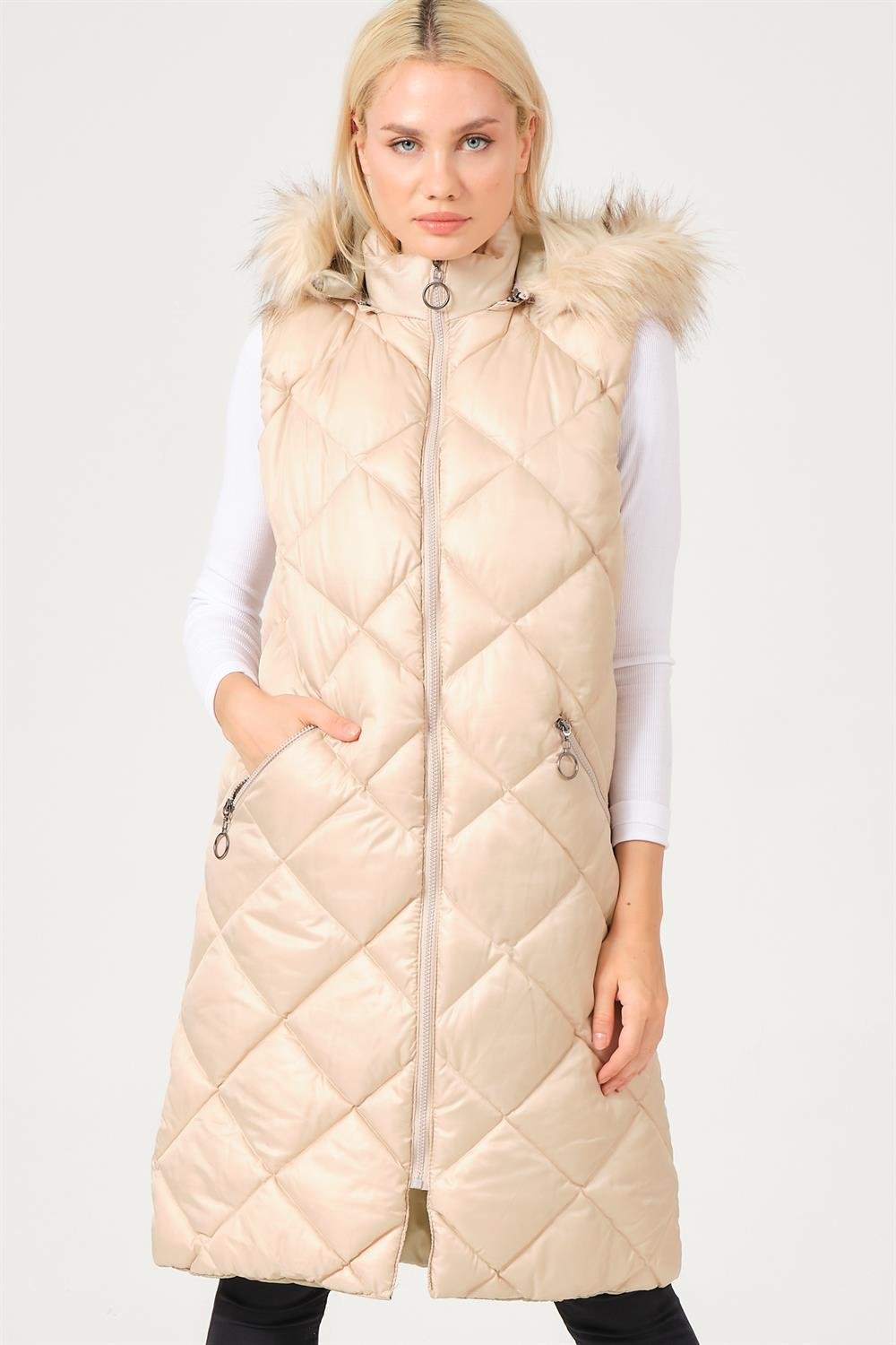 Z6717 DEWBERRY BAYAN YELEK-DÜZ KREM